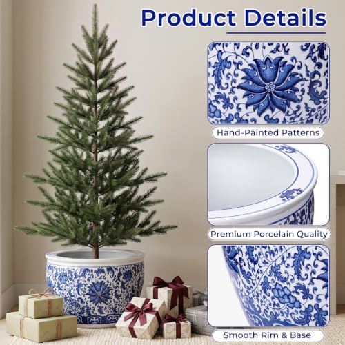 Domensi 12'' Blue and White Fishbowl Planter Chinoiserie Planter, Lotus - Image 4