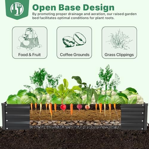 ONCEMORE Galvanized Raised Garden Bed for Vegetables Flowers Herbs, Metal Raised Garden Bed Kit with 2 PCS Tomato Cage, Gloves, Trellis Netting, Plant Labels, Plant Ties, Black 8×4×1FT - Image 5