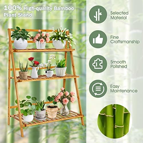 Folding 3-Tier Bamboo Ladder Plant Stand, Indoor & Outdoor Flower Pot Organizer Holder w/ Stable Frame, Plant Shelf Display Rack for Balcony, Patio, Garden, Living Room - Image 4
