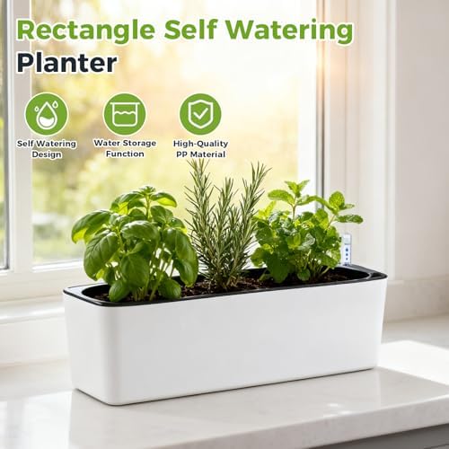 2 Pack Rectangular Planter 15.6 x 5.4 in Self Watering Planter Window Sill Planters Indoor Rectangle Plant Pot Self Watering Pots Plastic Plant pots with Drainage Holes Black Flower Pot - Image 2