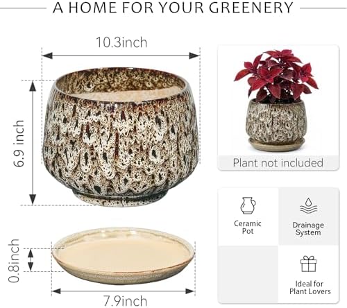 10.3 Inch Ceramic Planter with Saucer,Modern Garden Pots with Drainage Hole Mesh Net, for Indoor Outdoor Use (Speckle White) - Image 6