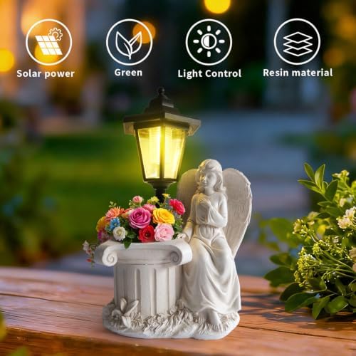 Solar Angel Garden Outdoor Statues with Solar Lights and Flowerpot Decor Angel Figurines Sculptures Resin Outdoor Statues for Patio Yard Lawn Balcony Mom Grandma Gifts - Image 4