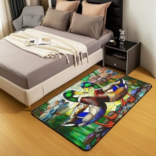 Erosebridal Stained Glass Stone Area Rug 4'11" x 3'3" Mallard Duck River Living Room Rugs Colorful Wild Animal Plant Decorative Carpet Moss Abstract Geometric Indoor Floor Mat - Image 3