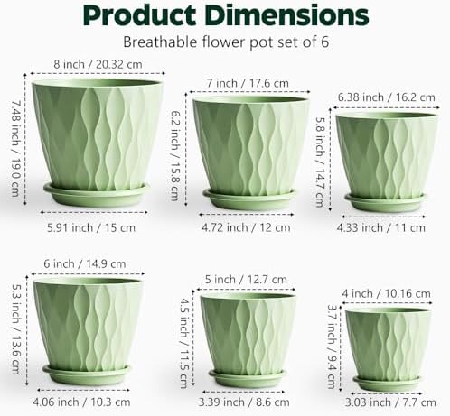 Plant Pots, Self Watering Planters with Drainage Holes and Trays, Flower Pots for Indoor Outdoor - 6 Pack(4/5/6/6.5/7/8 Inch) (Light Green) - Image 2