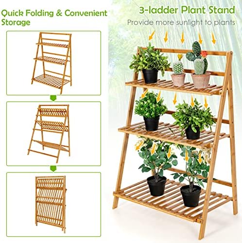 Giantex 3 Tier Folding Storage Shelf, Bamboo Ladder Plant Stand, Multiple Flower Pot Holder Succulent Display Rack, Foldable Shelving Unit for Balcony Garden Living Room Indoor Outdoor - Image 3