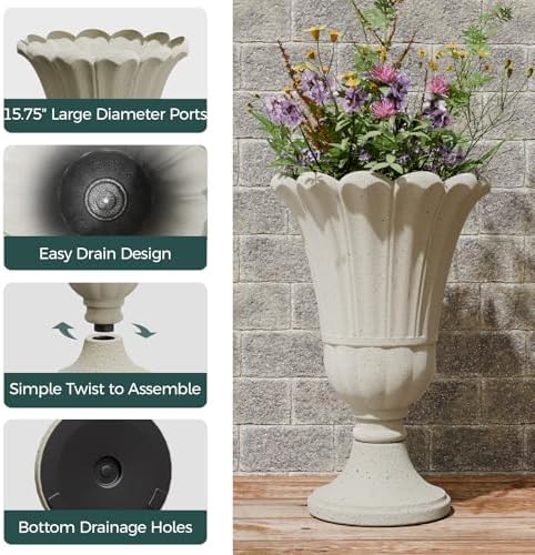 Tall Plastic Urn Planters and Pedestal - 24" Outdoor Planter Beige - Image 3