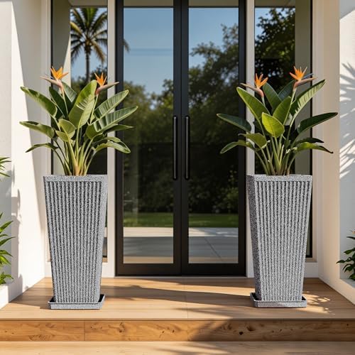 24" Tapered Tall Planters for Outdoor Plants with Tray&Shelf, Gray - Image 5
