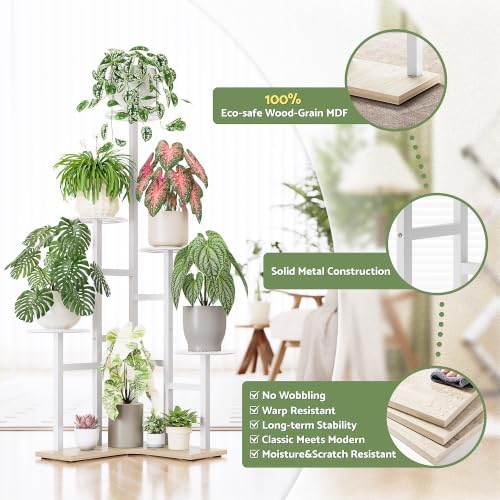 6 Tier Wood Metal Tall White Indoor Plant Stand for Multiple Plants - Image 3