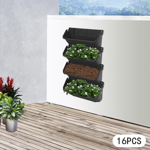 Vertical Wall Planter with 16 Pots, Hanging Garden Plant Flowerpot Holder, Stackable Wall-Mounted Planter, Balcony Planters for Flowers Vegetables Fruits (Black, 16 Pots) - Image 4