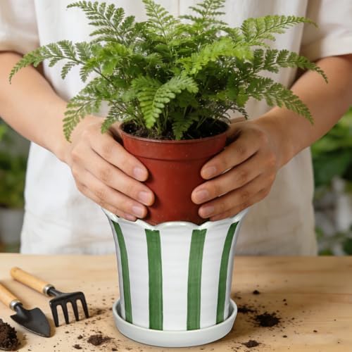 Set of 2 Flower Planter, 5.8 inch Ceramic Plant Pots with Drainage Hole and Sauser, Stripe Ceramic Planters with Wavy Opening for Indoor Outdoor Home Gardening Desktop Windowsill - Image 5