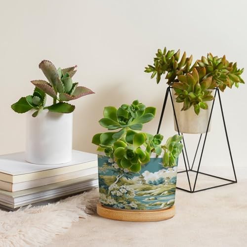 Garden Planters Ceramic Green Chinoiserie Floral Bird Round Plant Pots with Drainage Holes and Bamboo Tray Pot for Indoor Outdoor Garden - Image 4