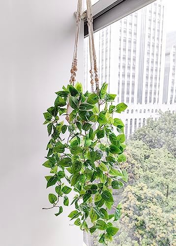 Comtelek 2 Packs Fake Hanging Plant with Pots for Home Decor Artificial Hanging Basket Plants Macrame Plant Hanger with Faux Vines Greenery for Bedroom Bathroom Room Wall Boho Decor Indoor Outdoor - Image 2