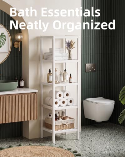 SMIBUY Bathroom Storage Shelf, 5-Tier Bamboo Rack Organizer, Multifunctional Shelving Unit for Living Room Bedroom Kitchen (White) - Image 6