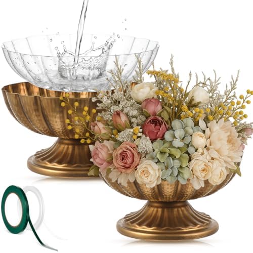 2 Pcs Metal Compote Vase, Floral Centerpiece Bowls, Gold Bronze by Unknown