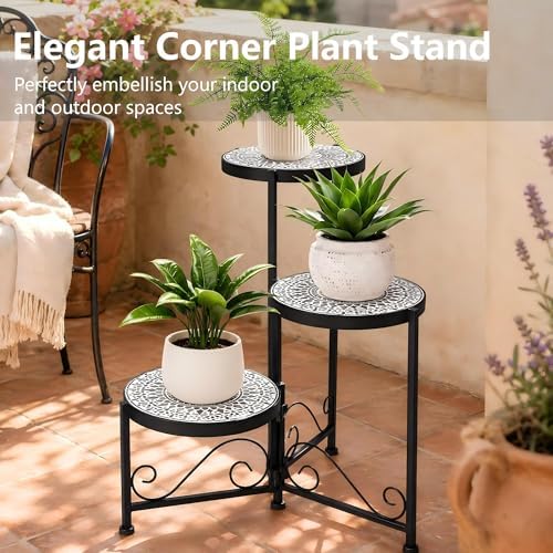 3 Tier Mosaic Corner Plant Stand Foldable Display Shelf Black - Image 4