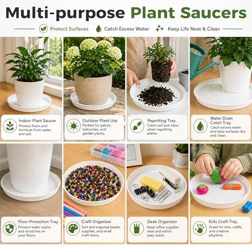 50 Packs 4/6/8/10/12 Inch Plastic Plant Saucers for Indoor Outdoor, Plant Water Catcher Tray for Pots, Bulk Flower Pot Saucers, Drip Trays for Potted Plants, Round Plates to Catch Water, White - Image 6
