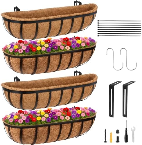 GameXcel 24 Inch Over Railing Planter 4 Pack - Window Box or Wall Mounted Flower Box with Coco Liner and Adjustable Hooks - Metal Deck Balcony Planter with Expansion Screws for Deck Fence Porch by GameXcel