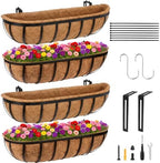 GameXcel 24 Inch Over Railing Planter 4 Pack - Window Box or Wall Mounted Flower Box with Coco Liner and Adjustable Hooks - Metal Deck Balcony Planter with Expansion Screws for Deck Fence Porch by GameXcel