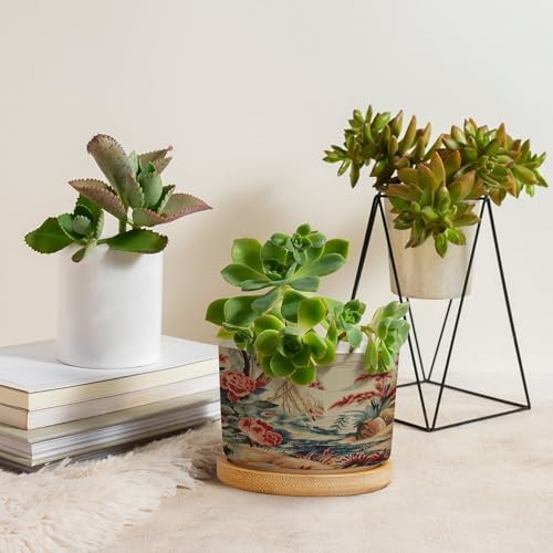 Antique Chinoiserie Ceramic Planters Coral Peony Chic Asian Pots for Plants with Drainage Holes and Saucers Pot for Home Office Desk Garden - Image 4