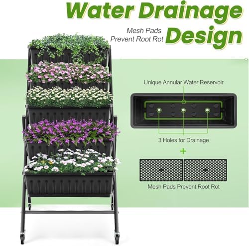 TEANDE 2 Pack Vertical Raised Garden Bed with Wheels, 5-Tier Elevated Planter Box w/Drainage System & 4 Hooks for Herbs Vegetables Flowers, Vertical Garden Planter for Patio Yard Indoor Outdoor - Image 7