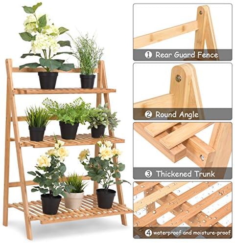 HAPPYGRILL 3-Tier Plant Flower Stand Rack Shelf, Pot Racks Planter Organizer Display Shelves, Natural - Image 3