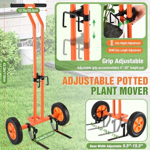 Plant Caddy with Wheels, Heavy Duty Plant Mover Cart with Adjustable Grabbing Arm and Strap, 175 LBS T-Handle Plant Dolly with Suction Cups for Plant Pots Garden Pot Trolley Indoor Outdoor Use, Orange - Image 4