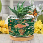 Vase Green Chinoiserie Planter Ceramic Daily Round Plant Pots with Drainage Holes and Bamboo Tray Pot for Home Desktop Office Windowsill - Image 6