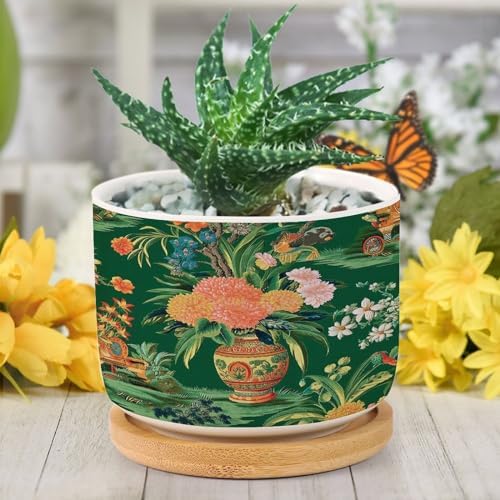 Vase Green Chinoiserie Planter Ceramic Daily Round Plant Pots with Drainage Holes and Bamboo Tray Pot for Home Desktop Office Windowsill - Image 6