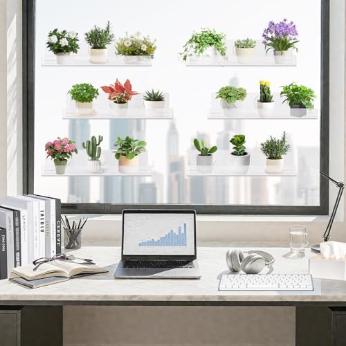Windproof Window Plant Shelves 6 Pack - 15" Suction Cup Floating Shelf Set for Indoor Plants, Herb Gardens, Books & Decor, Bathroom and Kitchen Space-Saving Wall-Mounted Clear Acrylic Sill Extender - Image 2