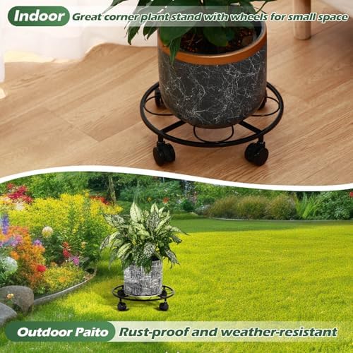 5 Packs 13.5 inches Large Metal Plant Caddy with Wheels Round Planter Dolly Pot Mover Rollers Wrought Iron Rolling Plant Stands Indoor Outdoor Wheeled Plant Holder Coaster Trolley, Black - Image 7