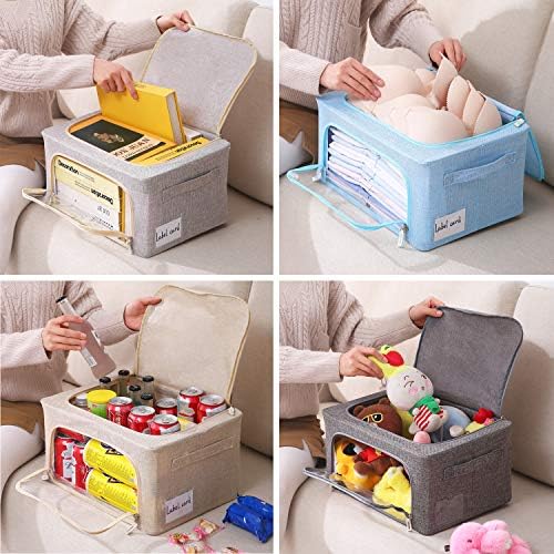 CYhom 3Pack Foldable Storage Bins - Frame Storage Box Linen Fabric Stackable Clothes Container Organizer with Clear Window & Carry Handles Large Capacity (Small-22L, Light Grey) - Image 4