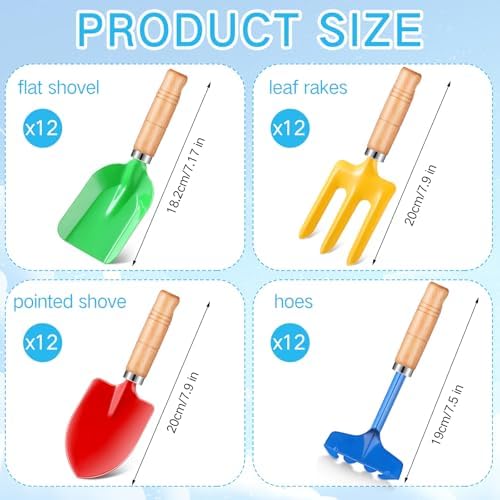 48 Pcs 8" Kids Gardening Tools, Metal Beach Sandbox Digging Toys with Wooden Handle, Including Shovel, Rake, Fork and Trowel, Garden Sand Snow Tools for Children Gift Outdoor Gardening - Image 2