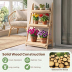 GIANTEX Foldable Wooden Plant Stand, 3-Tier Ladder Plant Shelf, Natural - Image 2