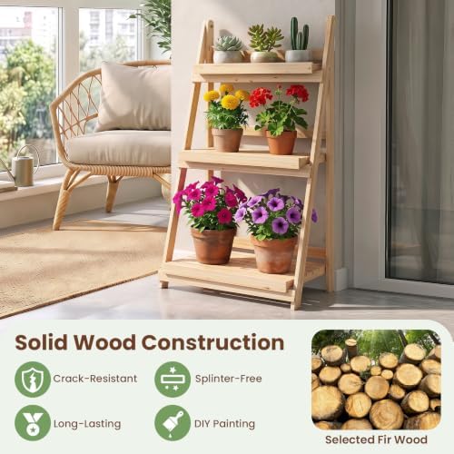 GIANTEX Foldable Wooden Plant Stand, 3-Tier Ladder Plant Shelf, Natural - Image 2