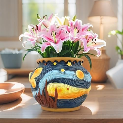 Starry Night Planter Pots/Vase Van Gogh Inspired Acolorful Art Resin Flower Pot with Drainage Hole for Indoor Plant Home Balcony Decor - Image 6