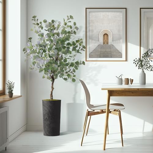Artificial Tree in Geometric Spiral Pattern Planter, Fake Eucalyptus Silk Tree for Indoor and Outdoor Home Decoration - 66" Overall Tall (Plant Pot Plus Tree) - Image 6