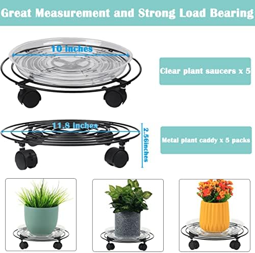 5-Pack Metal Plant Caddy 11.8" Dolly with Wheels - Heavy-duty Wrought Iron Rolling Plant Stand with Casters for Indoor and Outdoor Use - Black, Plastic Saucers Included - Image 3