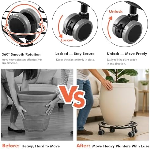 Planterhoma 3 Pack Plant Caddy with Wheels & Saucers, 11.8" Heavy Duty Metal Rolling Plant Stand, Plant Dolly with Lockable Casters, Rustproof Iron Planter Mover for Indoor Outdoor, Black - Image 4