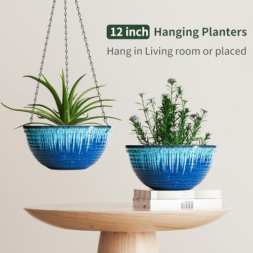 12 inch Large Hanging Planters for Indoor Outdoor Plants, Set of 2 Glazed Hanging Flower Pots with Drainage Hole, Hanging Baskets for Garden Home Porch Decor - Image 5