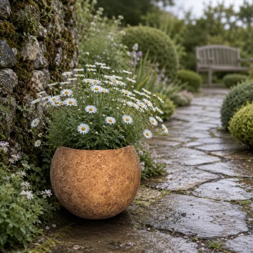 13.5" H x 17"Dia Brown Fiberstone Planter Pot with Drainage Hole, Large Round Handcrafted Decorative Flower Pot for Indoor Outdoor Plants, Rustic Stone-Look Planter for Patio, Porch, Garden&Home Décor - Image 3