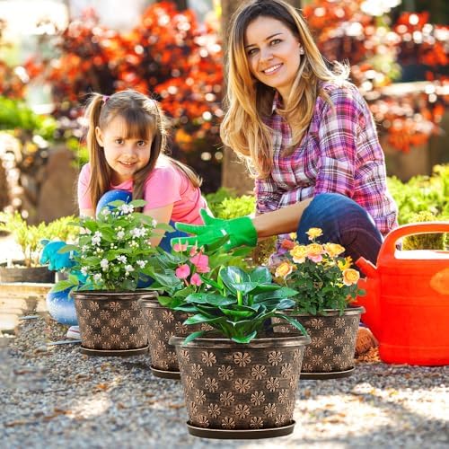 12 Inch Planter Pots for Plants, Plastic Large Flower Pots Indoor Outdoor, 4 Pack Resin Plant Pot with Drainage & Saucer, Retro Decorative Garden Pot with Removable Trays for House - Image 2