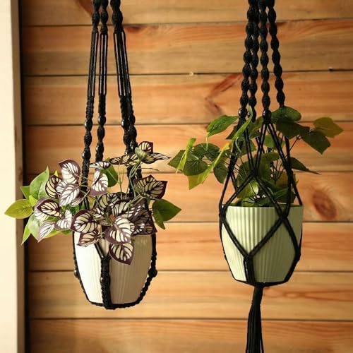SATINIOR 12 Pcs Macrame Plant Hangers Handmade Boho Hanging Planters 12 Different Tiered Designs with 12 Hooks for Flower Pots Indoor Outdoor Decorative Wall Hanging Baskets for Home (Gothic,Black) - Image 6