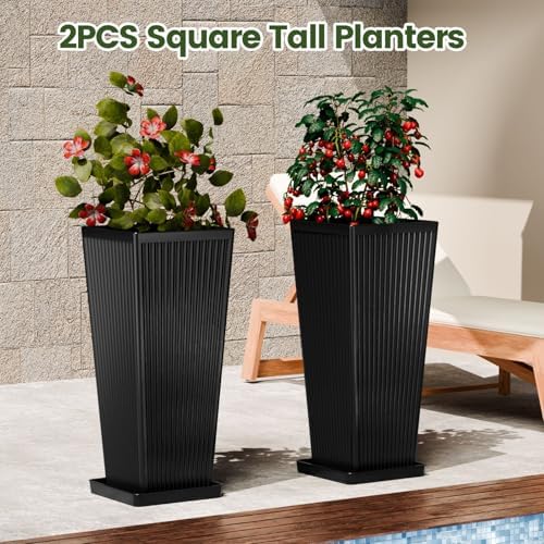 24" Tapered Tall Planters for Outdoor Plants with Tray&Shelf, Black - Image 6