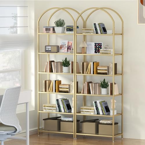 Homhedy 6-Tier Tall Gold Bookshelf, Arched Bookcase with Glass Shelves - Image 5