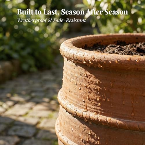 KOL Round Planter, Terracotta-Style Plastic Pot for Outdoor Plants, 13.3”H Classic Vintage Design – Lightweight & Weatherproof Flower Pot for Garden, Patio, Balcony Decor - Image 7