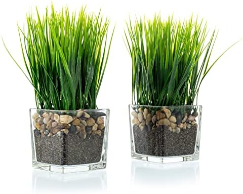 MyGift Set of 2 Artificial Grass Plants in Square Glass Pots with Pebbles - Image 6