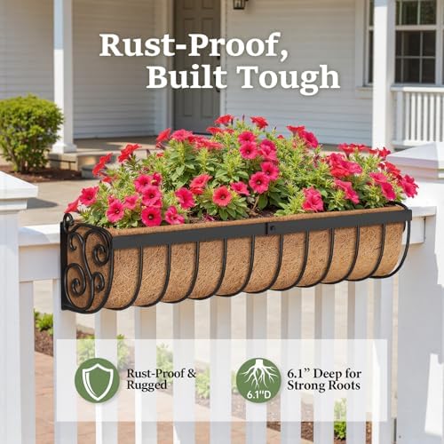 VOXOR Railing Planter Boxes, 30 Inch Window Boxes Planters, Balcony Planters with Adjustable Brackets & Coco Liner for Outdoor Fence, Deck, Porch, and Patio Gardening, 3 Pack - Image 4