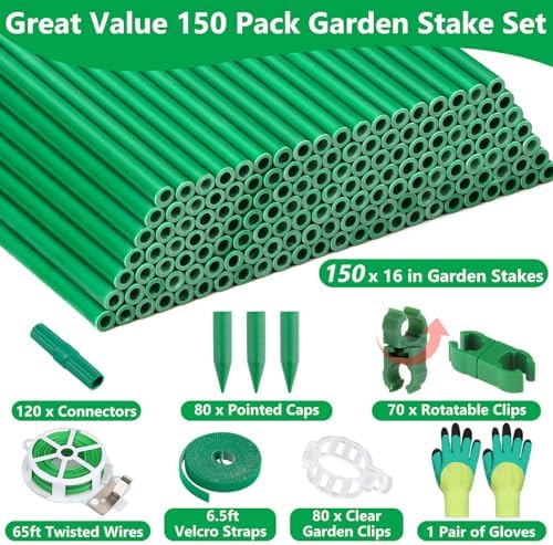 Lezmarket 150 Pack Garden Stakes(16" Each), Plant Support Stakes, DIY 4ft 5ft 6ft 7ft Sturdy Fiberglass Plant Sticks Support Garden Trellis for Growing Climbing Tomato Vegetables Flowers - Image 2
