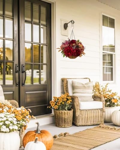 Hollyone 13" Fall Hanging Baskets Hydrangea Peonies Medium Artificial Flowers Fall Hanging Decor Fake Hydrangea Faux Plants Red Orange Indoor Outdoor Porch Patio Garden Autumn Decorations for Home - Image 5