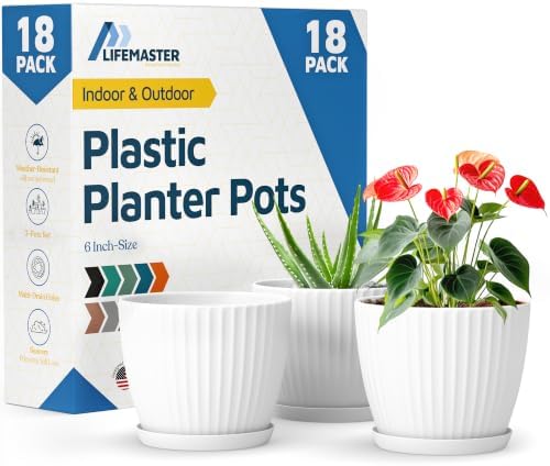 White 6-Inch Plant Pots with Drainage & Saucers 18 Pack, Indoor & Outdoor Planters for Houseplants, Herbs, and Flowers, Durable & Weatherproof Material, Stackable, Lightweight, Minimalist Design by LIFEMASTER
